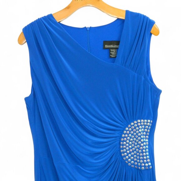 Frank Lyman Royal Blue Studded Rouched Holiday Party Cocktail Sheath Dress Sz14 - Picture 4 of 12